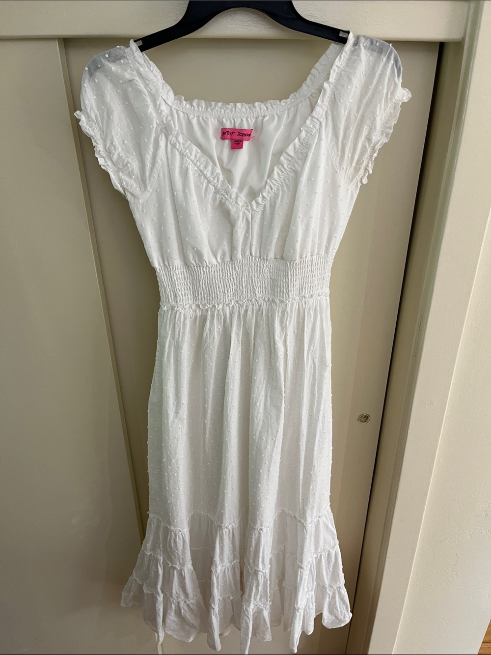 Betsey Johnson White Swiss Dot Ruffled V-Neck Dress